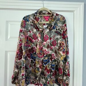 Catherine Malandrino Silky Long Sleeve Bow Floral Blouse  XL NWT